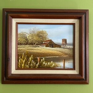 Vintage Rustic Barn Landscape Oil Painting Framed Farmhouse Wall Art
